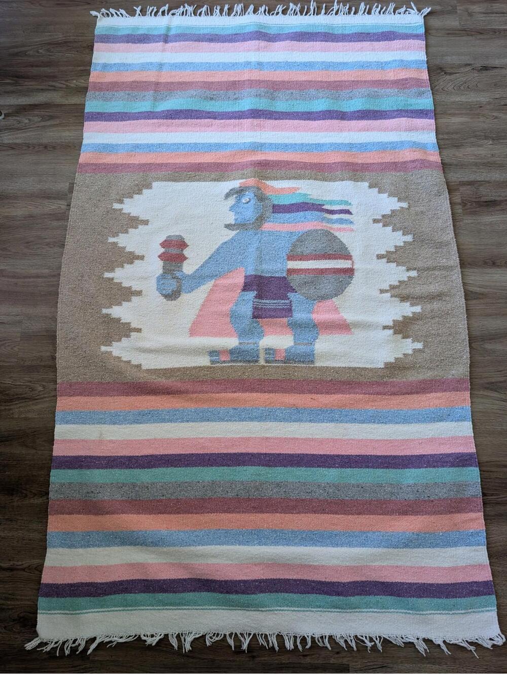 Vtg Handwoven Mexican Wool Aztec Rug Southwestern Zapotec Wall Tapestry Shaman